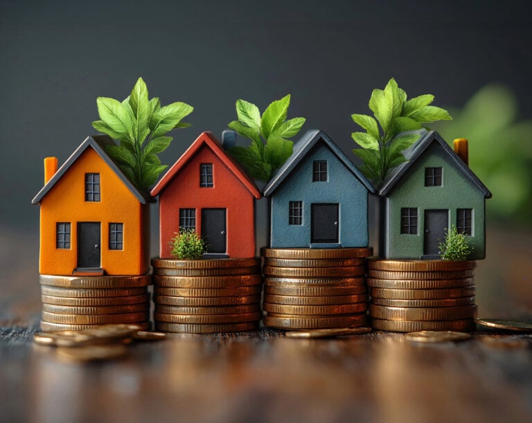 4 multi coloured model homes on stacked coins