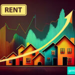 Digital images of homes with a graph in the background and an arrow moving upwards