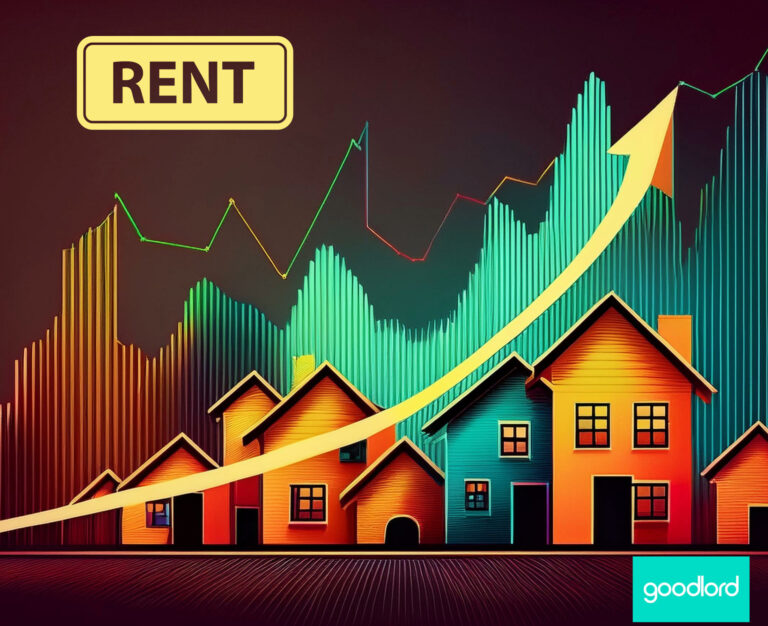 Digital images of homes with a graph in the background and an arrow moving upwards