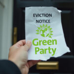 A person holding an Eviction notice and Green Party logo