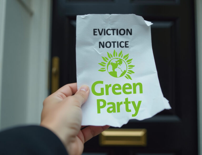 A person holding an Eviction notice and Green Party logo