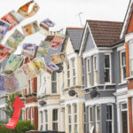 A row of house and UK notes floating above an arrow pointing upwards