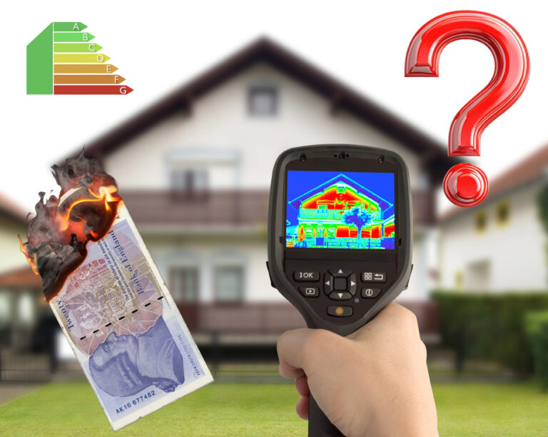 A heat indicator pointing towards a house, UK bank note buring, a question mark and an EPC graph