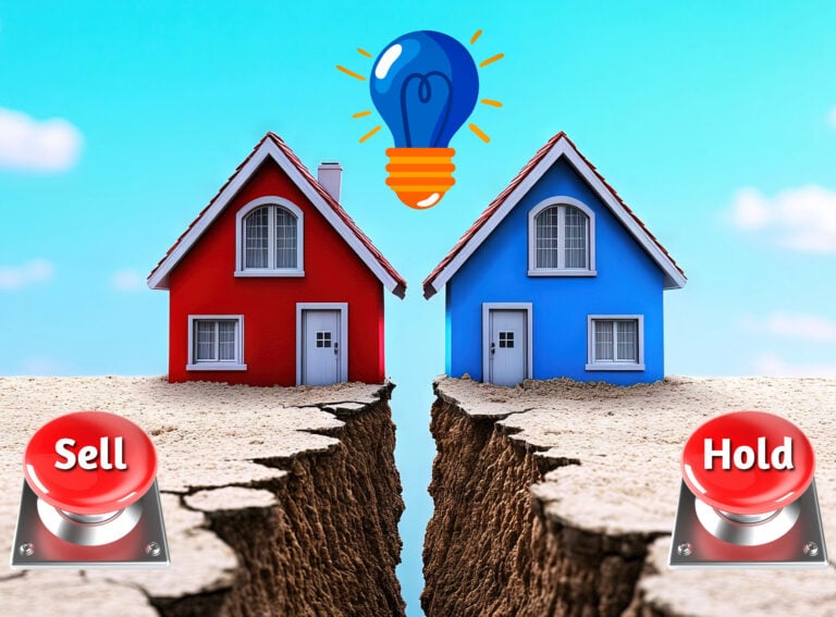 Red and blue house on a clif that is split in half, sel, hold and a light bulb