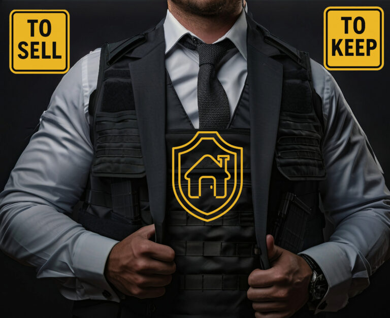 A man wearing a bullet proof vest and to sell and to keep text in yellow boxes