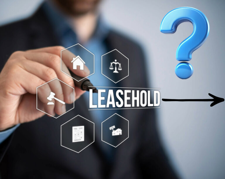 A person touching digitial images, a question mark and Leasehold