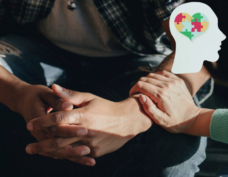 A person touching another person arm in a caring way and an image on the mind