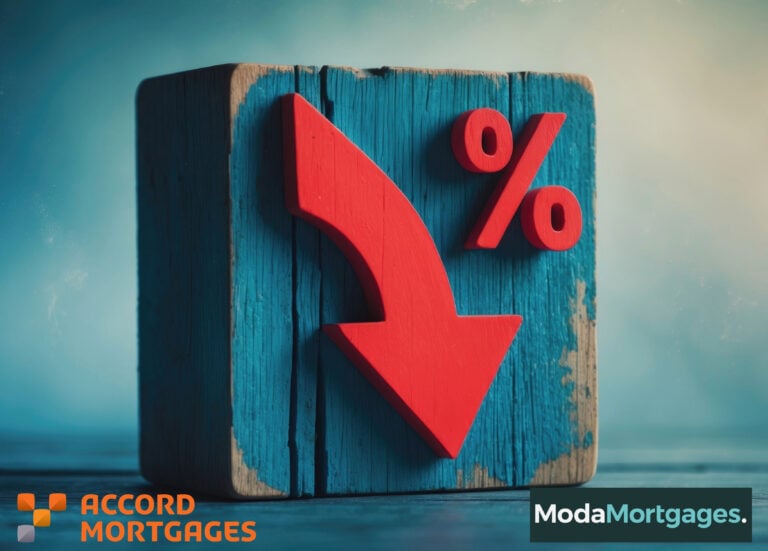 An arrow pointing down next to a percentage sign on a blue box