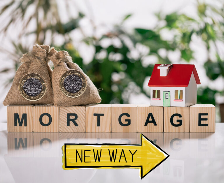 Wooden blocks spelling out Mortgage. money bags, a home, New way sign, and plants in the background