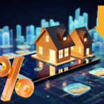 A digital image of homes on a mobile phone, an arrow pointing down and a percentage sign