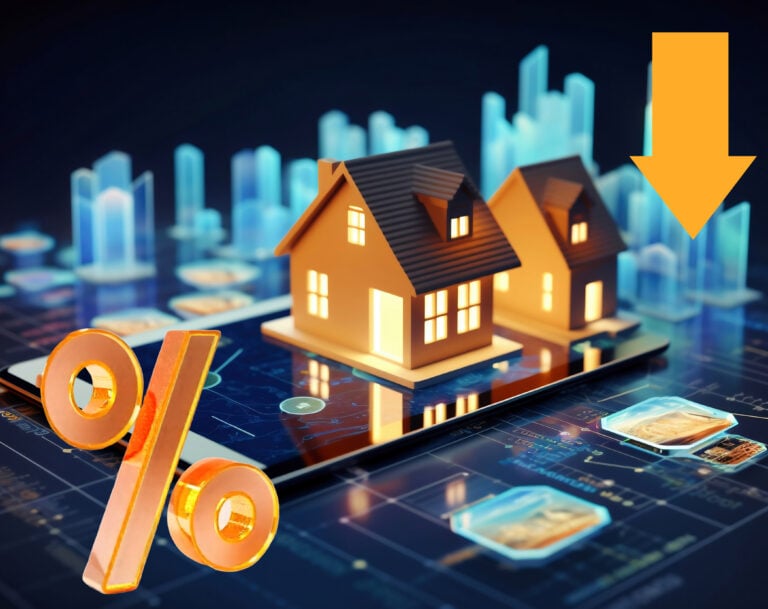 A digital image of homes on a mobile phone, an arrow pointing down and a percentage sign