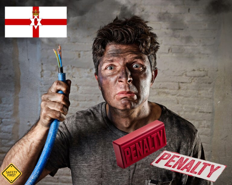 A person with smoke ash on their face, holding a cut electrical wire, penalty sign and Northern Ireland flag