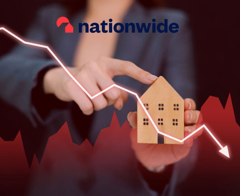 A person holding a house with an arrow pointing down