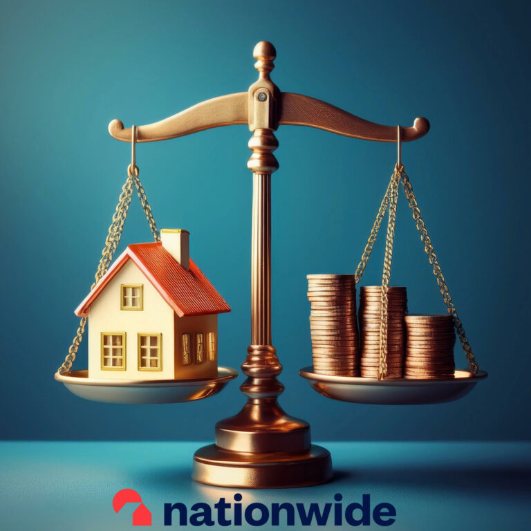 Justice scales balancing a house and coins, Nationwide logo on a blue background