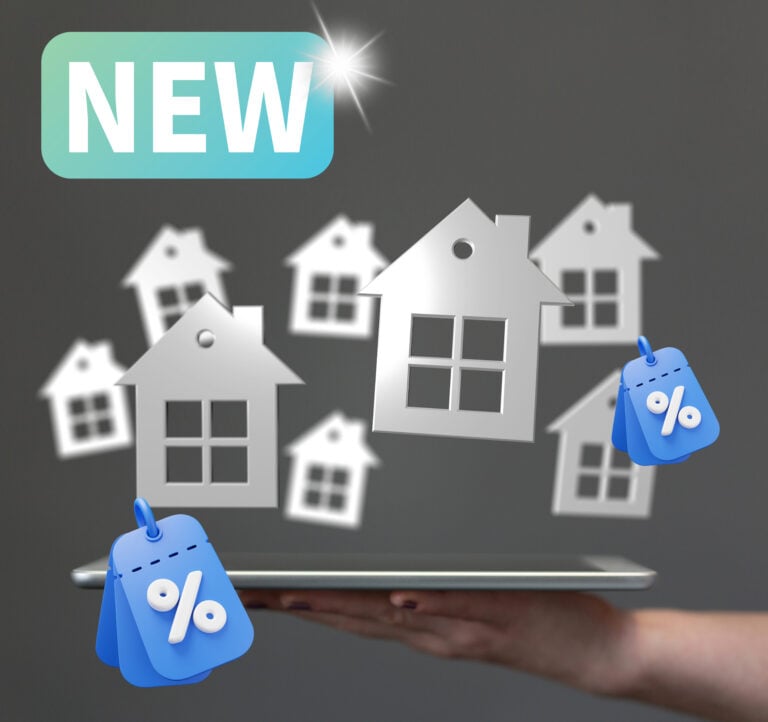 A group of small houses bouncing in the air with percentage signs and a sign saying new