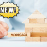 A wooden block home, a Mortgage sign, New and a person in the background