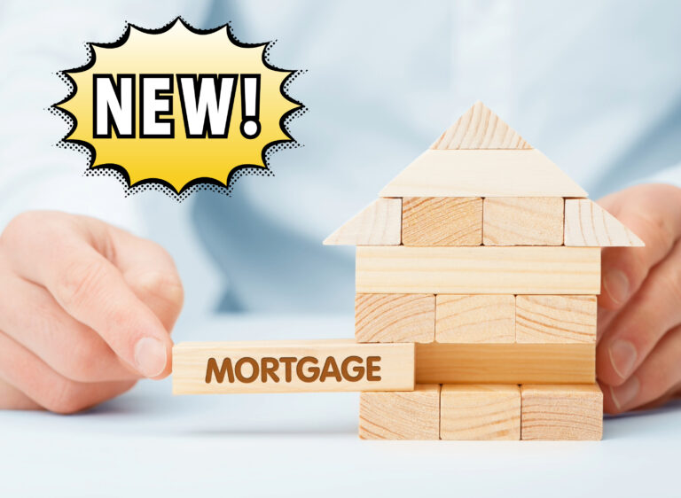 A wooden block home, a Mortgage sign, New and a person in the background