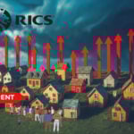 Red arrows pointing up above many model houses and dark stormy background, for rent sign
