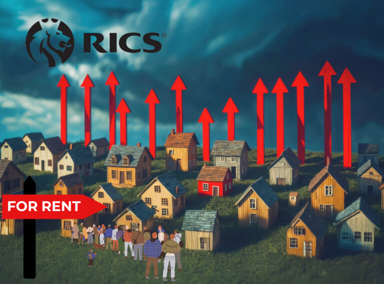 Red arrows pointing up above many model houses and dark stormy background, for rent sign