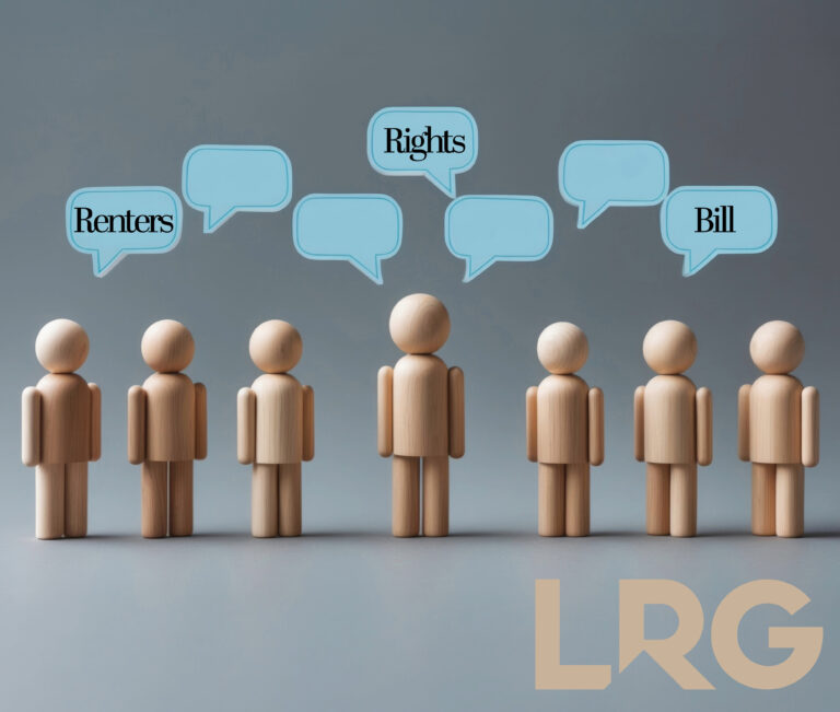 Renters' Rights Bill in blue bubble signs floating above wooden figures