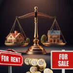Scales with a house on each side, UK coins and For sale and For rent signs