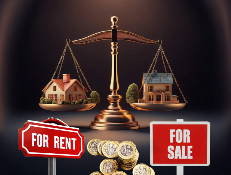 Scales with a house on each side, UK coins and For sale and For rent signs