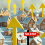 Many model houses surrounded with yellow arrows pointing upwards and a for rent sign
