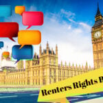 The Houses of Parliament building next to a yellow banner saying Renters Rights Bill and speech bubbles