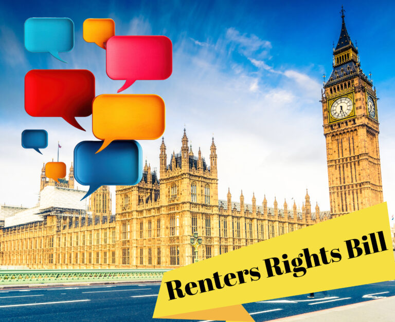 The Houses of Parliament building next to a yellow banner saying Renters Rights Bill and speech bubbles