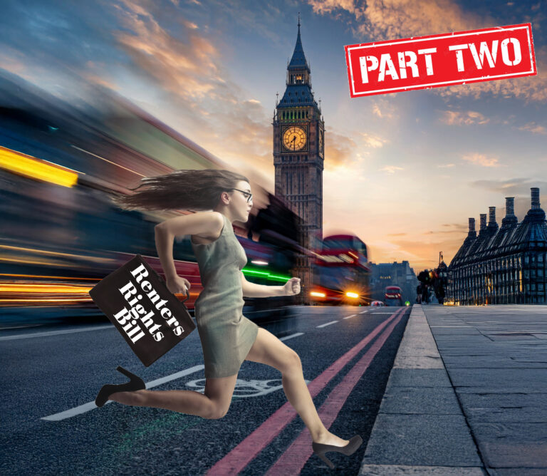A woman running, Big ben in London in the background, Part two and Renters' Rights Bill