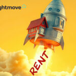 A soaring rocket with a house on its back and the text Rent with a yellow background