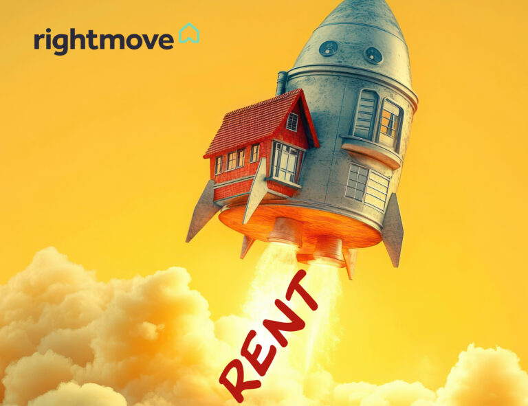 A soaring rocket with a house on its back and the text Rent with a yellow background