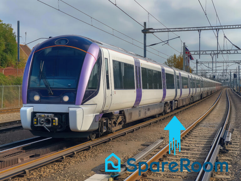 Elizabeth Line with a blue arrow pointing upwards