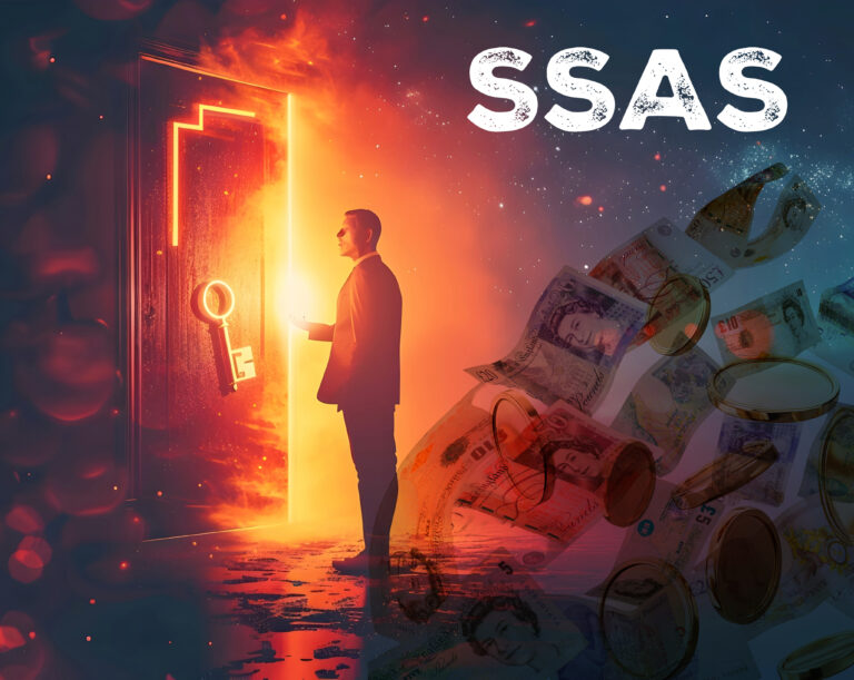 SSAS pension logo, a man approaching a door that is glowing, UK bank notes floating