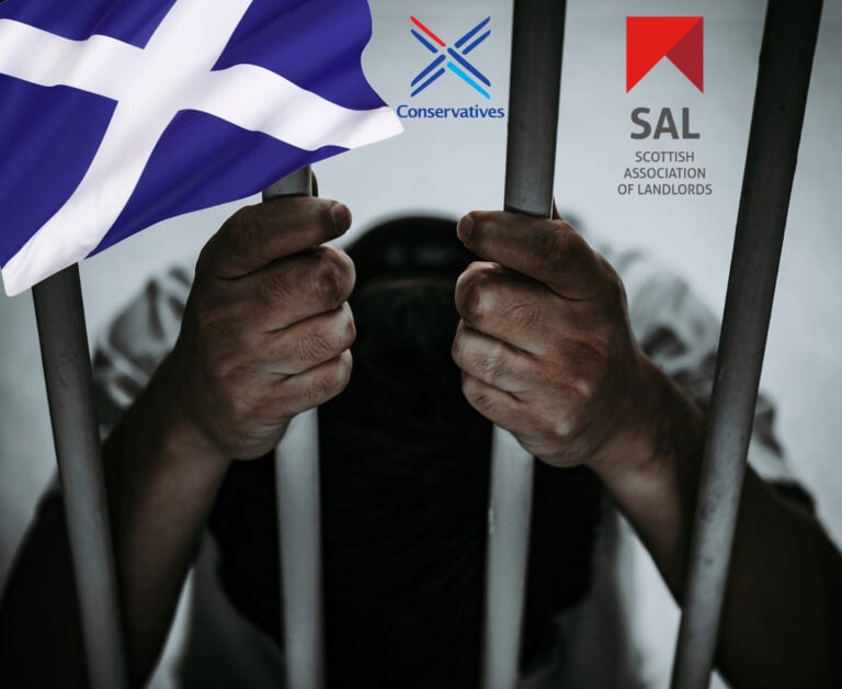 A person behaind bars in a prison with the Scottish Flag