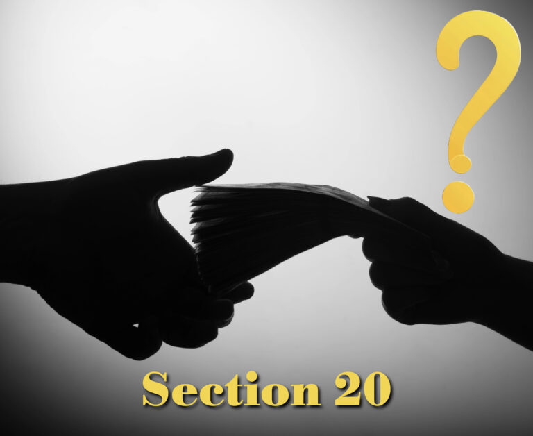 Bank notes being passed between to hands, a yellow question mark and Section 20