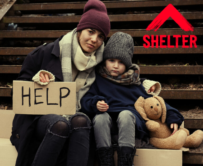 A mum and her son holding a help sign, Shelter logo