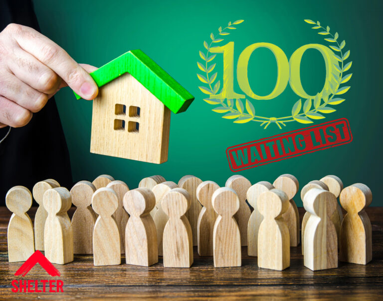 Wooden figure, a wooden house and 100 waiting list text on a green background