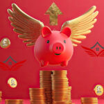 A pig with wings balancing on a stack of coins and an arrow pointing upwards