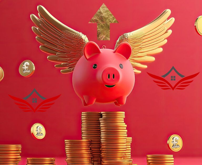A pig with wings balancing on a stack of coins and an arrow pointing upwards