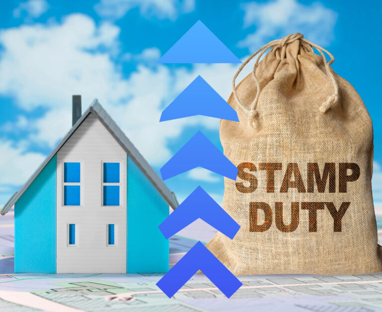 a blue house next to a bag that says stamp duty with a blue arrow