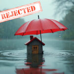 A home in a lake with a red umbrella, the text rejected and a stormy background
