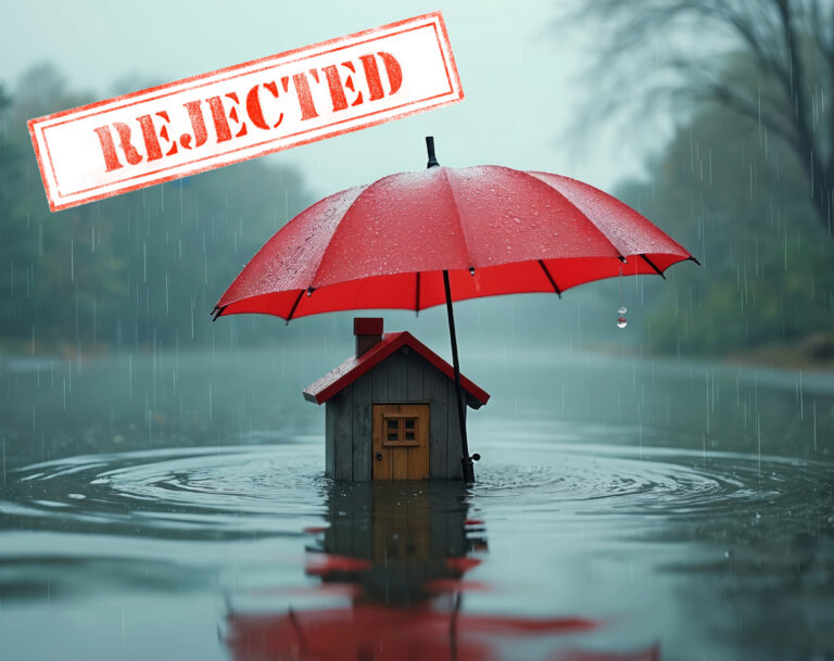 A home in a lake with a red umbrella, the text rejected and a stormy background