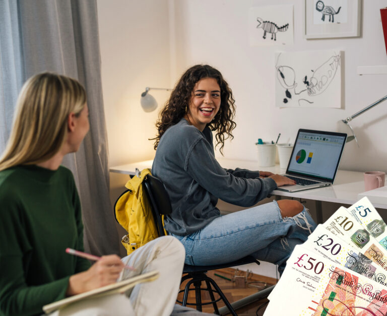 Two students in student accommodation and UK bank notes