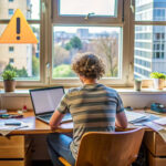 A student sitting at a desk with papers, a laptop and yellow triangle symbol with an explanation mark
