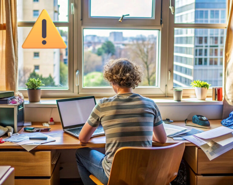 A student sitting at a desk with papers, a laptop and yellow triangle symbol with an explanation mark