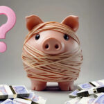 A pig, wrapped in elastic bands, a question mark and UK notes