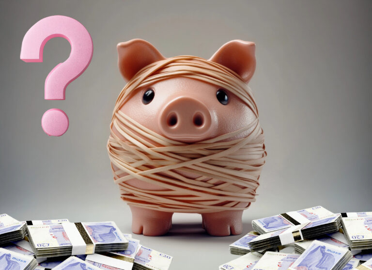 A pig, wrapped in elastic bands, a question mark and UK notes