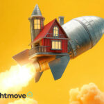 A roaring rocket with a house on top, heading towards the sky with an orange background, Rightmove and a pound sign