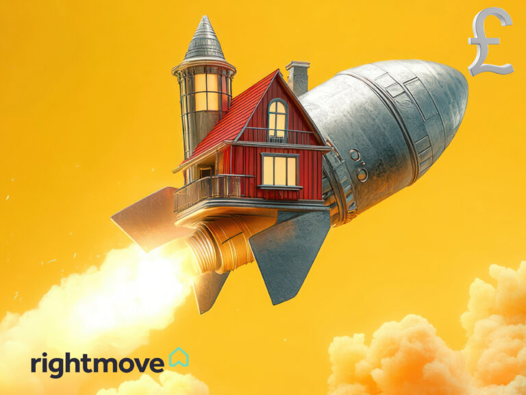 A roaring rocket with a house on top, heading towards the sky with an orange background, Rightmove and a pound sign